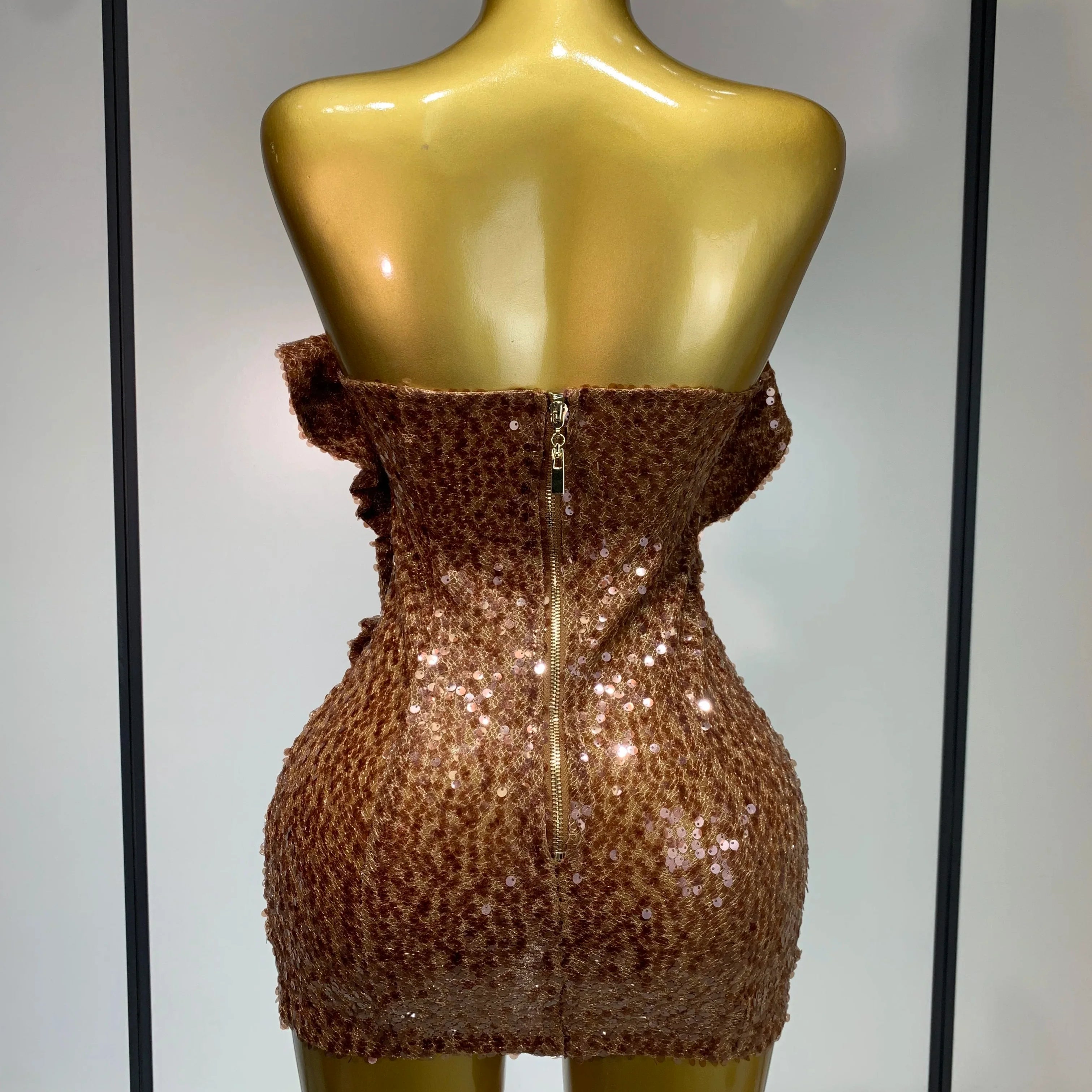 Women Sexy Strapless Backless Brown Sequins Mini Dress  Celebrity Elegant Evening Party Club Luxury Birthday Guest Gown