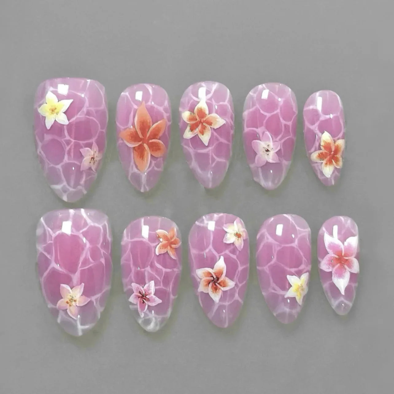 24Pcs Pink Gradient Almond Fake Nails Press on With Pearl Rhinestone Design False Nails Bow Flower Pattern Full Cover Nails Tips