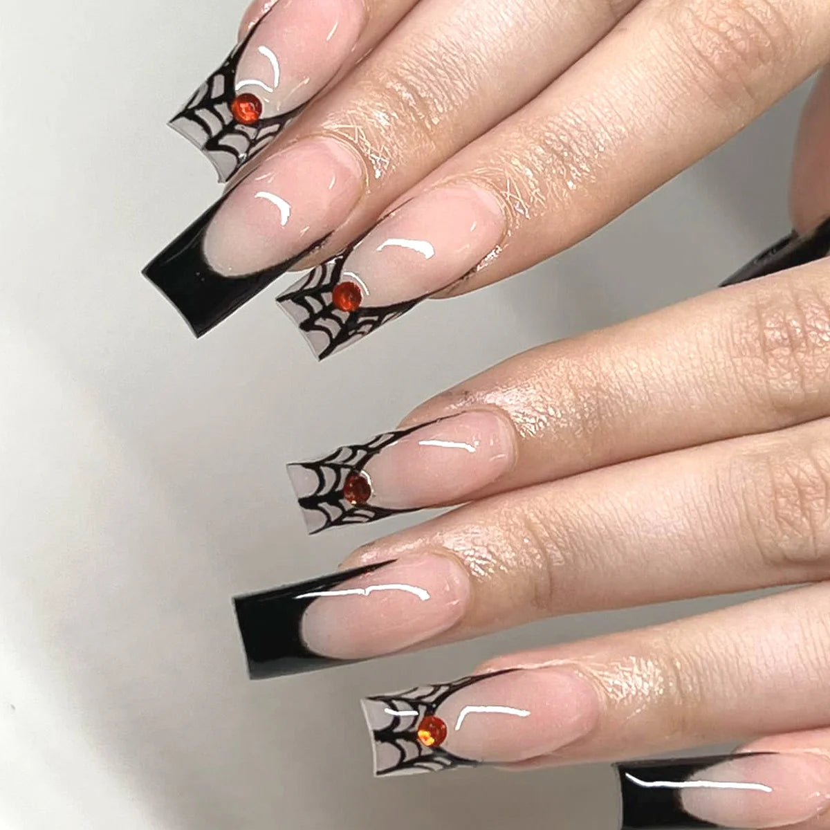 24pcs Halloween Gothic Fake Nail with Black Spider Bow Design False Nails European Long Coffin French Press on Nails Wearable