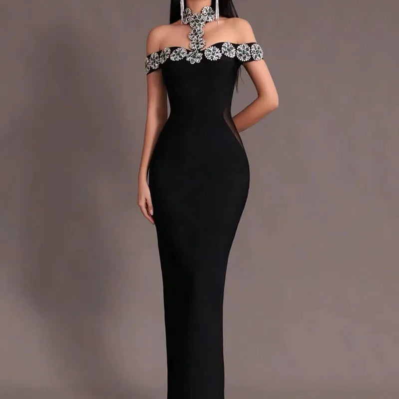 2024 Heavy Industry Beaded Women Sexy Bandage Dress Hanging Neck Style Card Shoulder Sleeve Bodycon Off Back Long Dress Vestidos