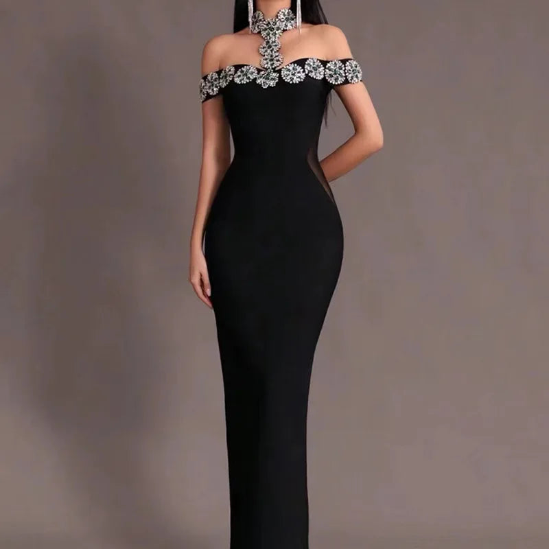 2024 Heavy Industry Beaded Women Sexy Bandage Dress Hanging Neck Style Card Shoulder Sleeve Bodycon Off Back Long Dress Vestidos