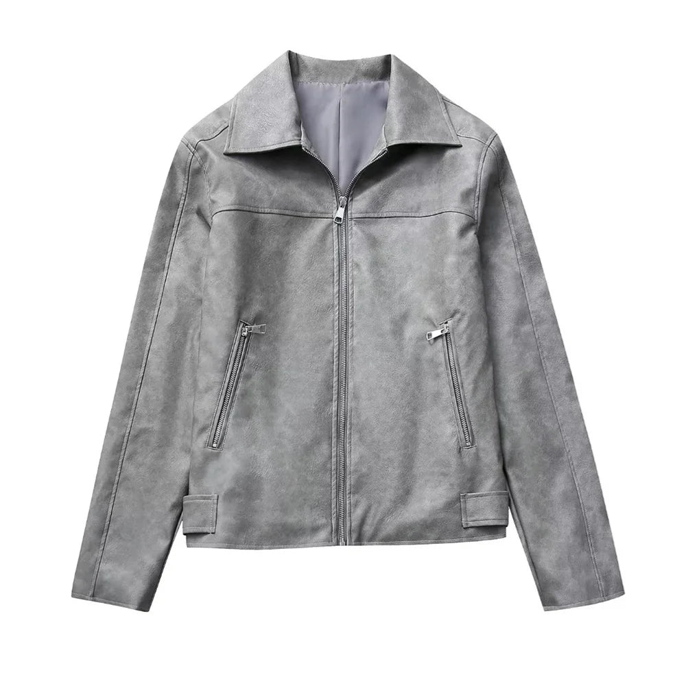 Casual Polo Collar Wash Imitation Leather Jacket Coat GRAY