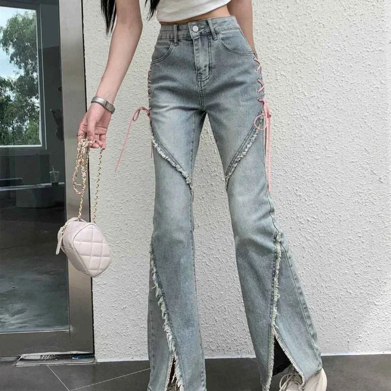 American split jeans feminino rosa bandagem cintura alta irregular emendado calças jeans com zíper voar calças y2k pantalon femme 