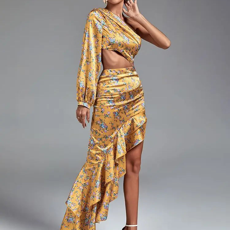 Floral Print Long Dress Women Luxury Evening Party Dress Elegant Ruffle Sexy One Shoulder Birthday Club Outfits Summer 2023