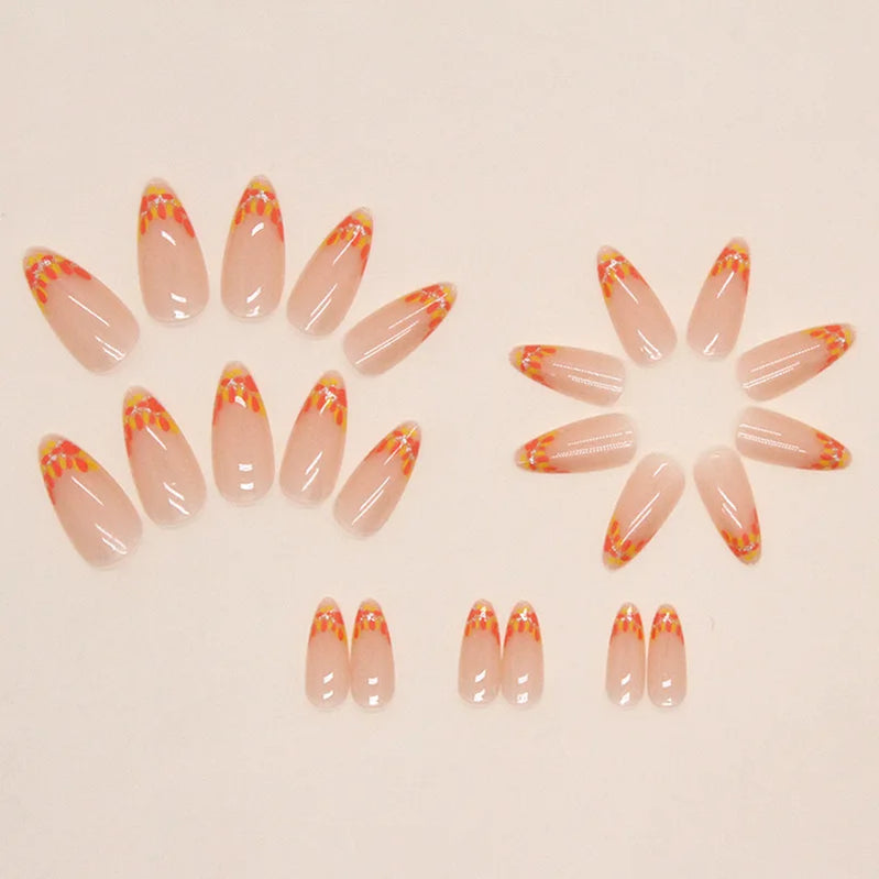 24pcs Autumn Leaf Glitter French Press on Nails Orange Almonds Fake Nails Full Cover Wearable False Nails