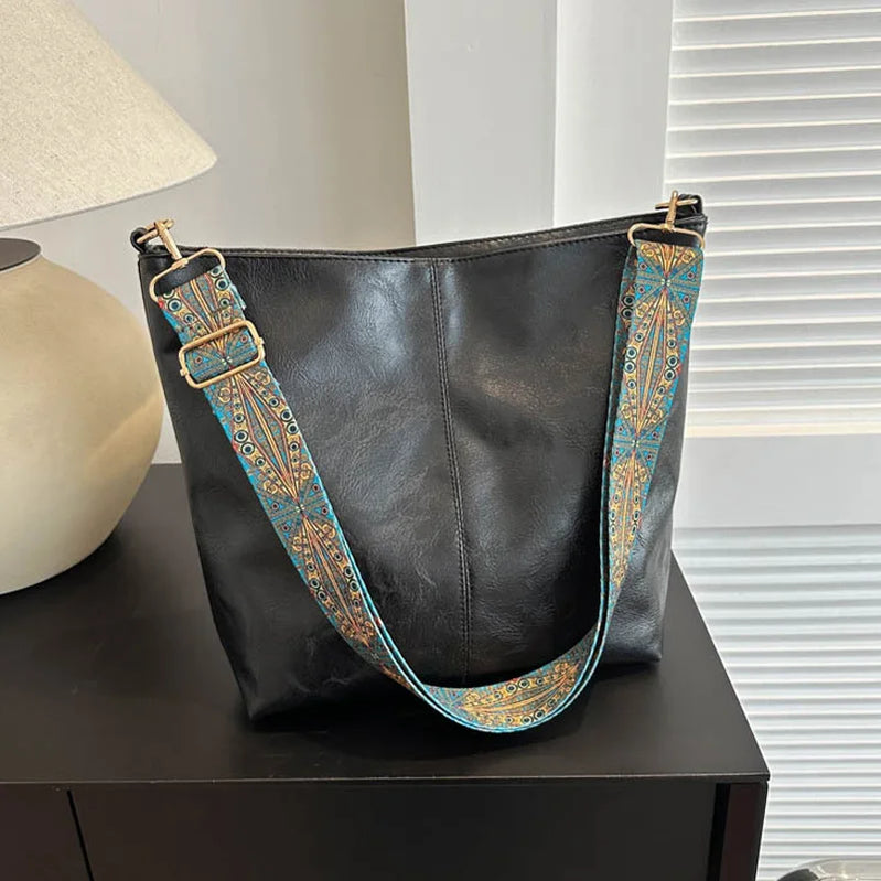 Wide Geometric Strap Shoulder Bag Large Capacity Crossbody Bags For Women,Retro Pu Leather Women's Bag For Shopping & Travel