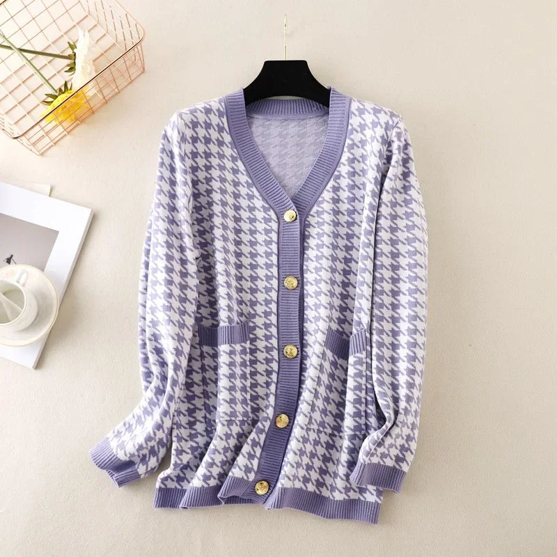 Houndstooth Cardigans Long Sleeve Sweater Women Autumn Winter Clothes Open Stitch Female Outwear Streetwear Knitted Cardigan purple One Size