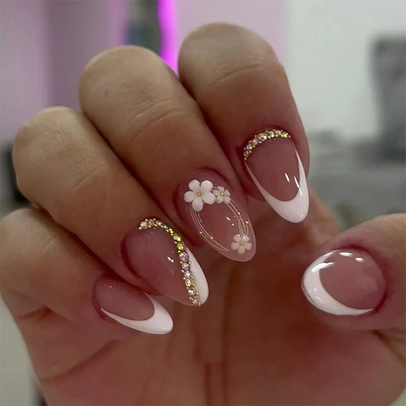 24Pcs Fashion Color 3D Flower Nail Tip French Vibrant Wearing Nail Art Short Almond Acrylic Manicure Set with Jelly Glue Summer