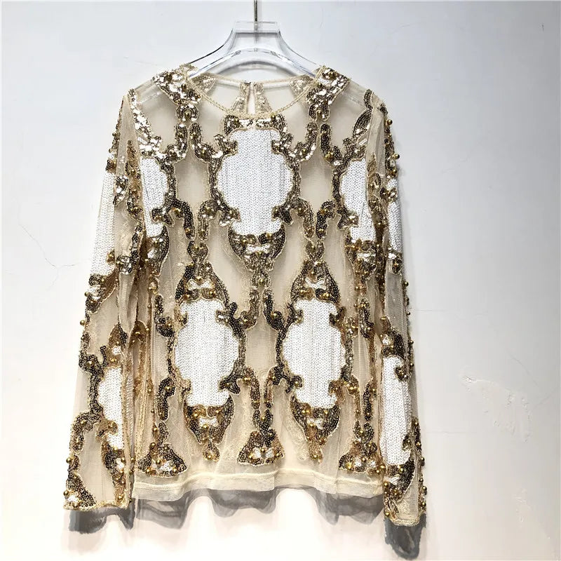 Luxury Women Crystal Sequins Embroidery Top Lace Geometric Heavy Beads Shirts Sexy Blusas Camisa Clubs Hollow Tops champagne