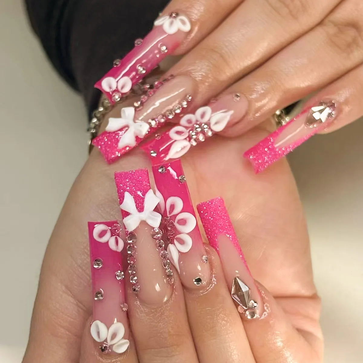 24Pcs Wearable False Nails with Rhinestone Long Square Press on Nails French Pink Flower 3D Bow Design Fake Nail Manicure Tips
