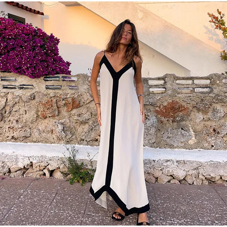 Sexy V-neck Sleeveless Dress Women Patchwork Contrast Color Loose Long Dresses Ladies Summer New Casual Backless Robes as picture