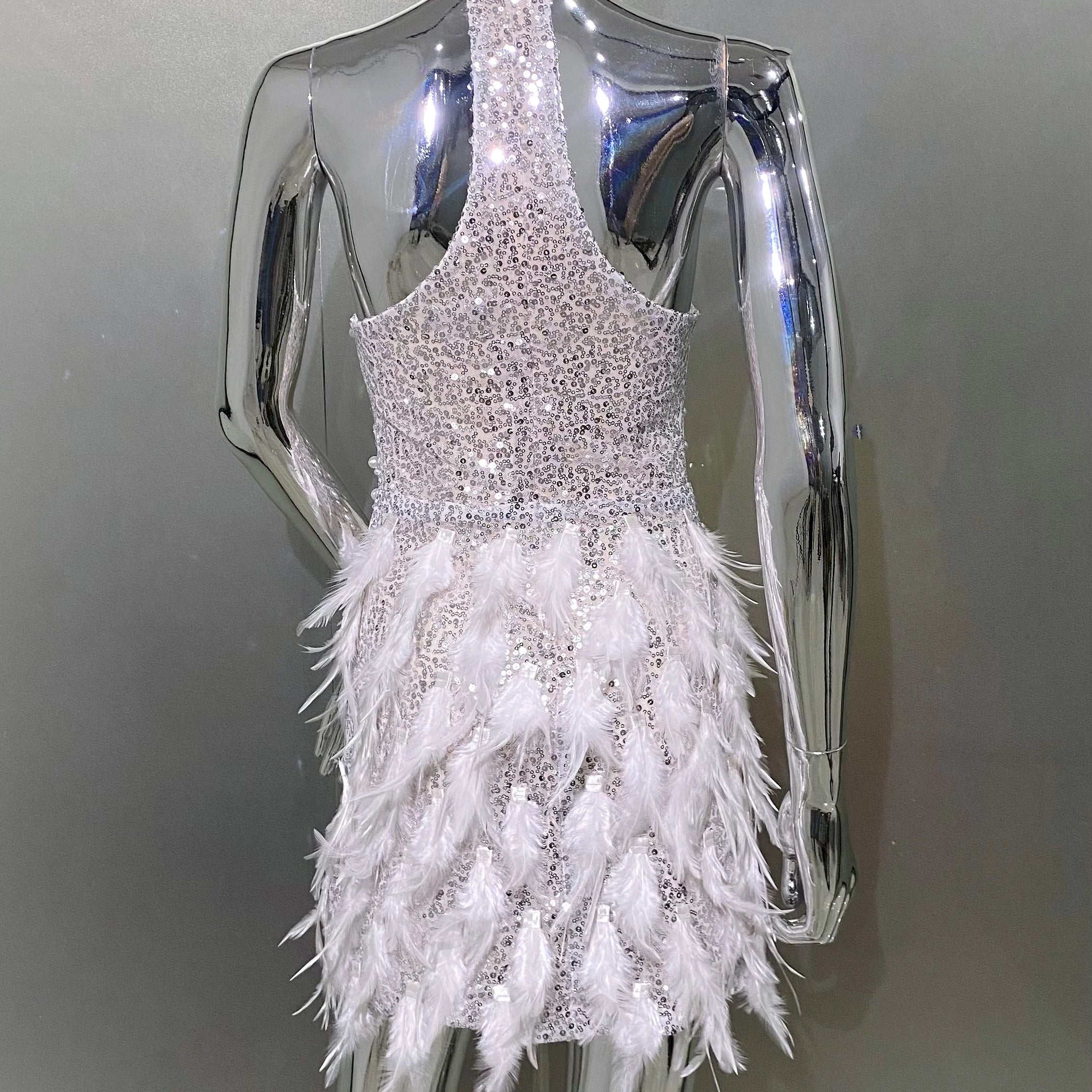 High Quality Gorgeous Feathers Beading High Slit Strapless Long Dress Woman Evening Dress Celebrity Birthday Party Outfit