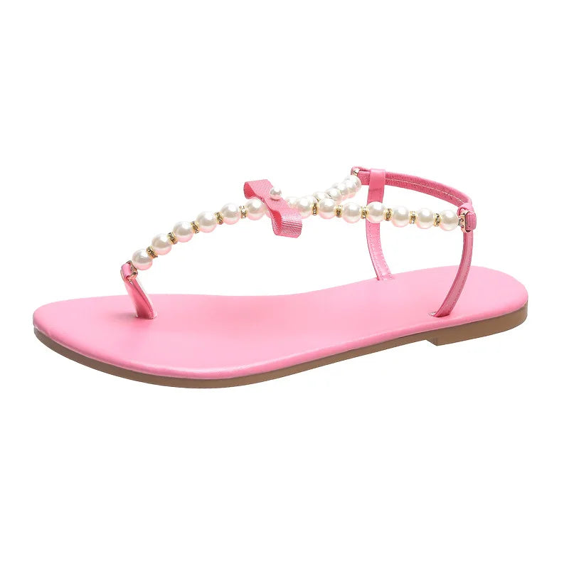 Summer Women's Sandals Fashion Outdoor Flat Beach Sandals Sexy Pearl Bow-knot Shoes Female Clip Toe Flip Flops Slides Pink