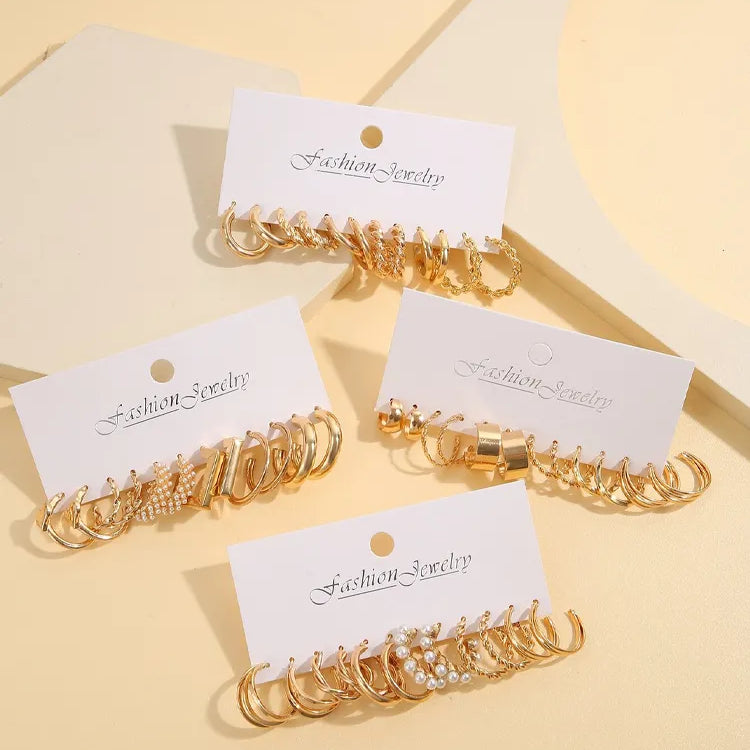 Gold Color Vintage Hoop Earrings Set for Women Boho Metal Circle Geometric Twist Pearl Dangle Earrings Trendy Jewelry Gifts