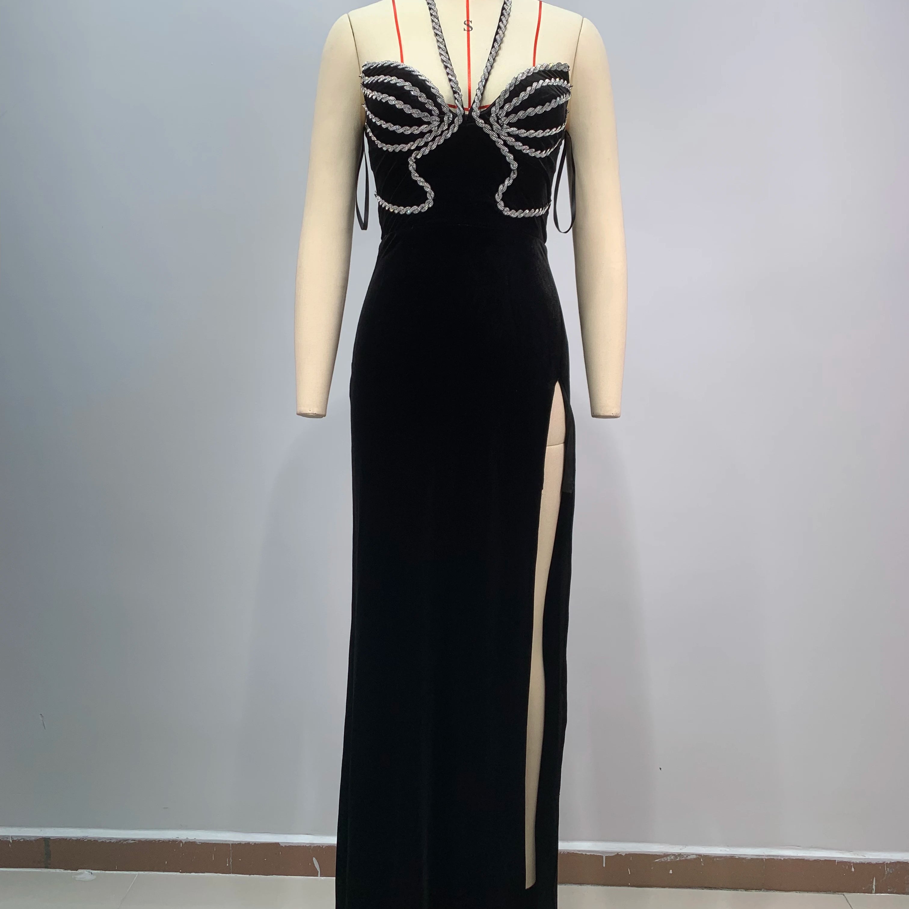 Top Women Sexy Halter Off the Shoulder Shinning Crystal Velvet Bodycon Long Dress High Split Fashion Evening Party Dress