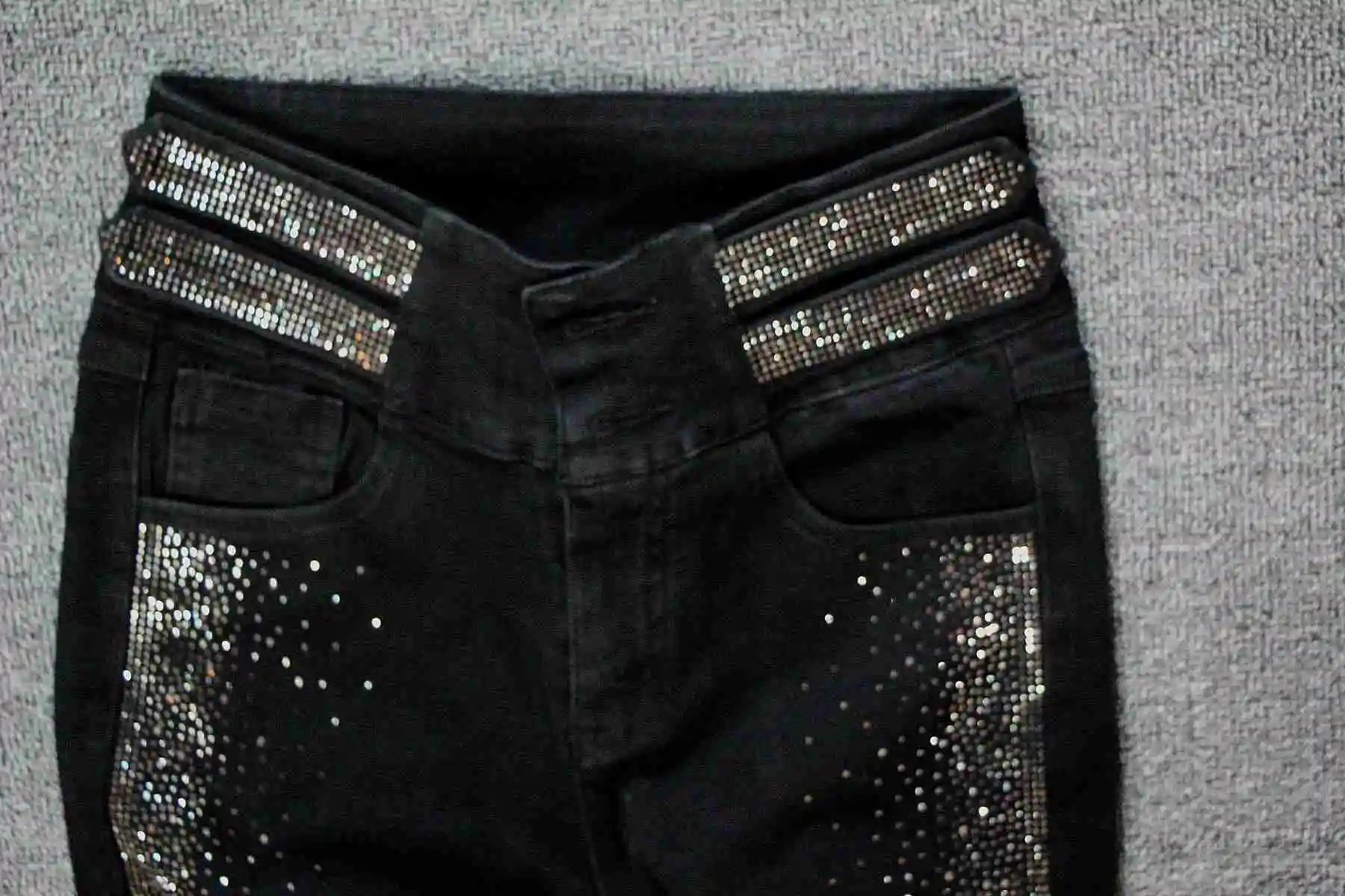 Autumn High-End High Waist Rhinestone Bling Gradient Gray Black Skinny Jeans Women Cotton Stretch Slim Fit Denim Boot Pants