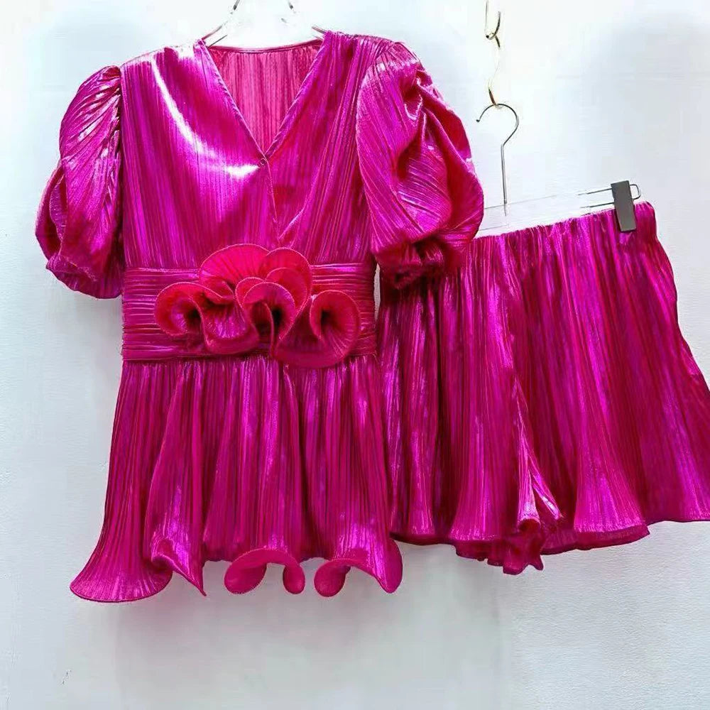 TWOTWINSTYLE Loose Two Piece Sets for Women V Neck Short Sleeves Spliced 3D Flowers Top Patchwork Elastic Waist Shorts Female