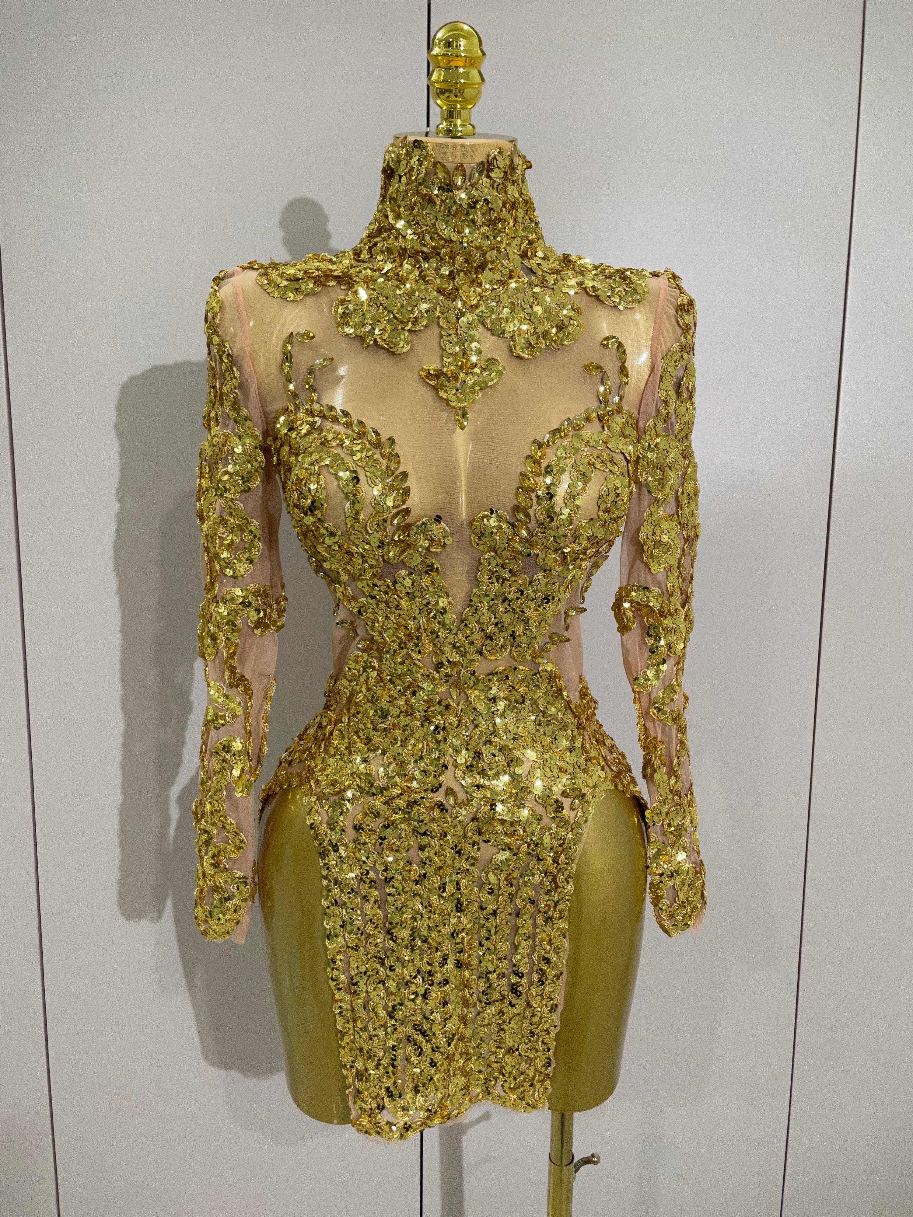 Luxury Sparkly Sequins Stretch Long Sleeve Mesh Mini Dress 2025 Women Birthday Party Nightclub Dancer Stage Performance Costume