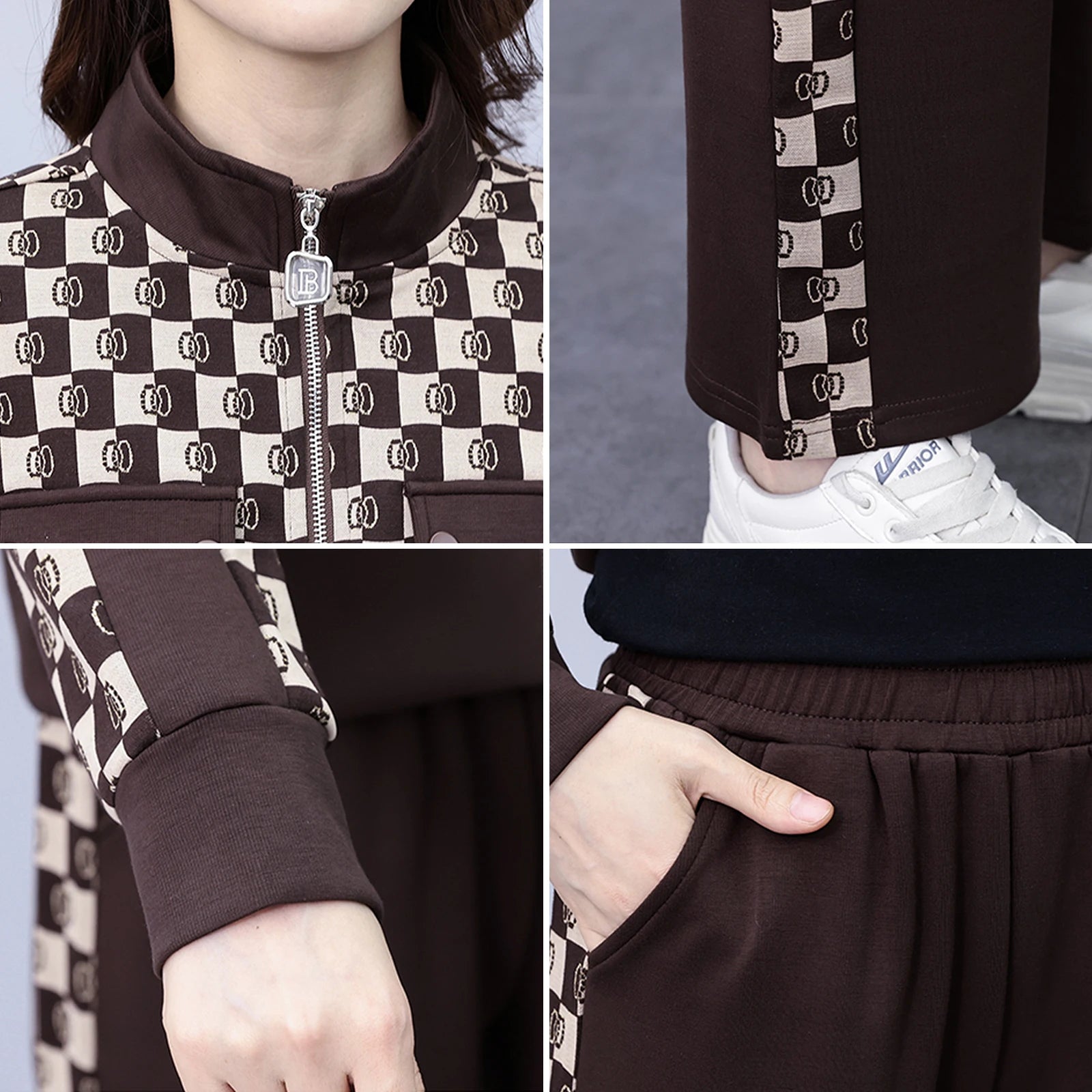 Casual Sweatsuit Women Autumn Fashion Zip up Jacket Coat and Cropped Pants Two Piece Set Plaid Stand Collar Outfits