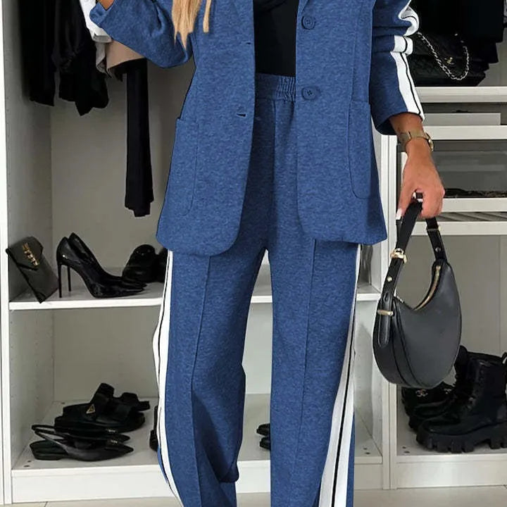 CM.YAYA Elegant Women Pants Suit and Long Sleeve Blazer Matching Set OL Streetwear Two 2 Piece Set 2024 Winter Ribbon Outfits Blue