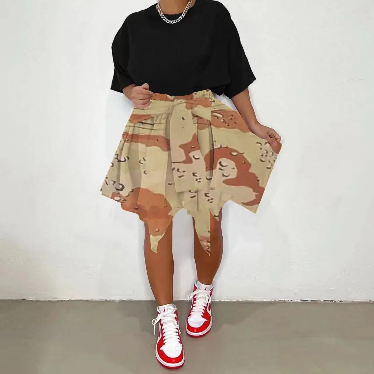 CM.YAYA Women Plaid Irregular High Waist Knee Length Skirts 2022 Summer Holiday Streetwear Sleeve Wrapped Lace Up Waist Skirt Khaki Camouflage