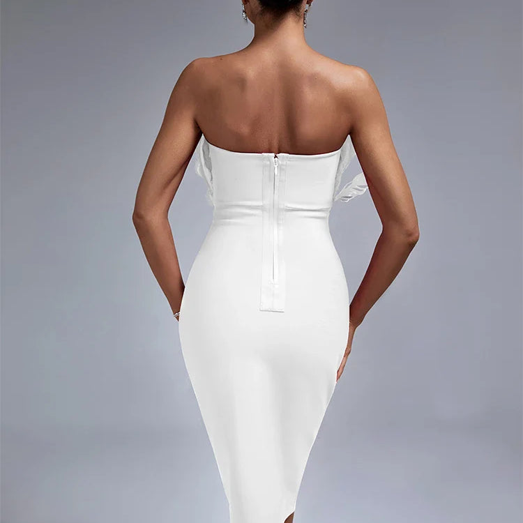 White Bandage Dress Women Feather Party Dress Bodycon Elegant Midi Sexy Strapless Evening Birthday Club Outfits Summer 2023