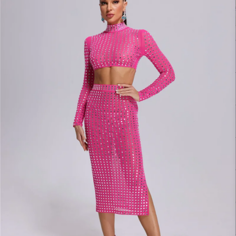 STOCK Sparkling square Diamonds Sexy Mesh See Through Top And Skirt Woman Fashion Set High Street Wear Evening Party Outfit