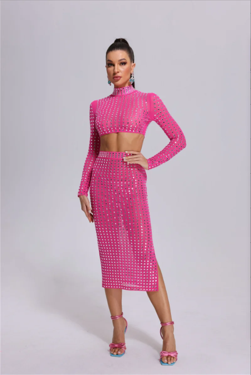 STOCK Sparkling square Diamonds Sexy Mesh See Through Top And Skirt Woman Fashion Set High Street Wear Evening Party Outfit