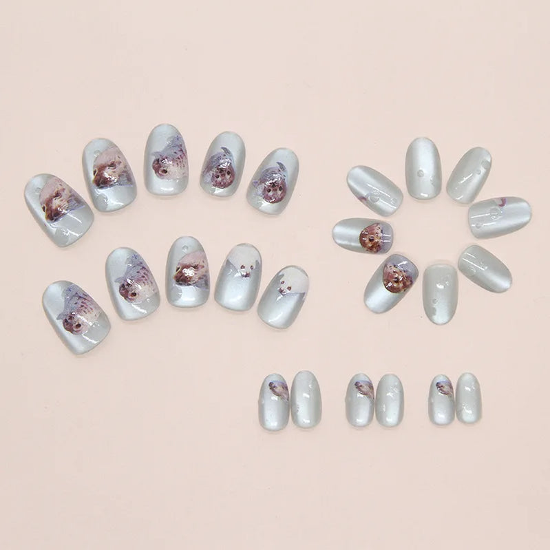 24pcs Cat's Eye Summer Ocean Cute Seal Press on Nails Short Manicure Wearable Nail for Women and Girls False Nail