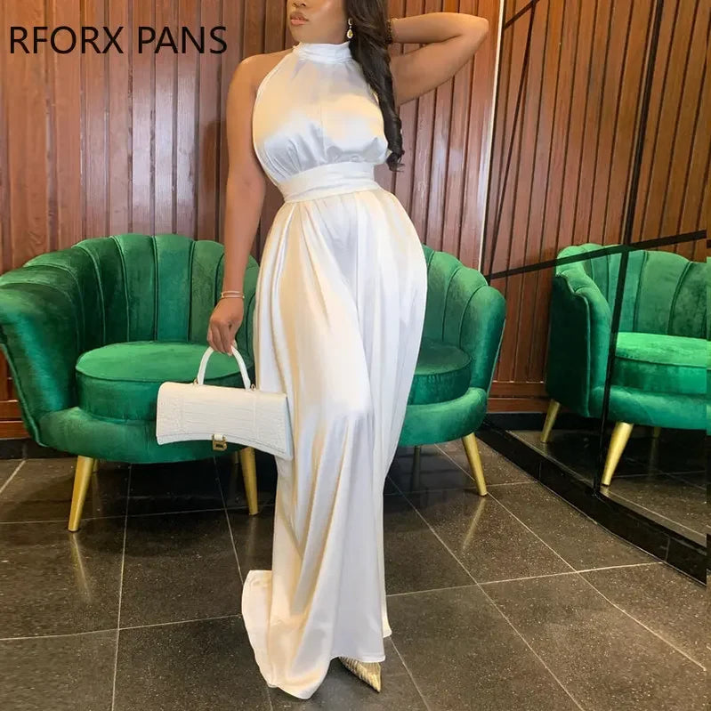 2023 Women Elegant Solid Halter Sleeveless Maxi Formal Party Sexy Satin White Dress