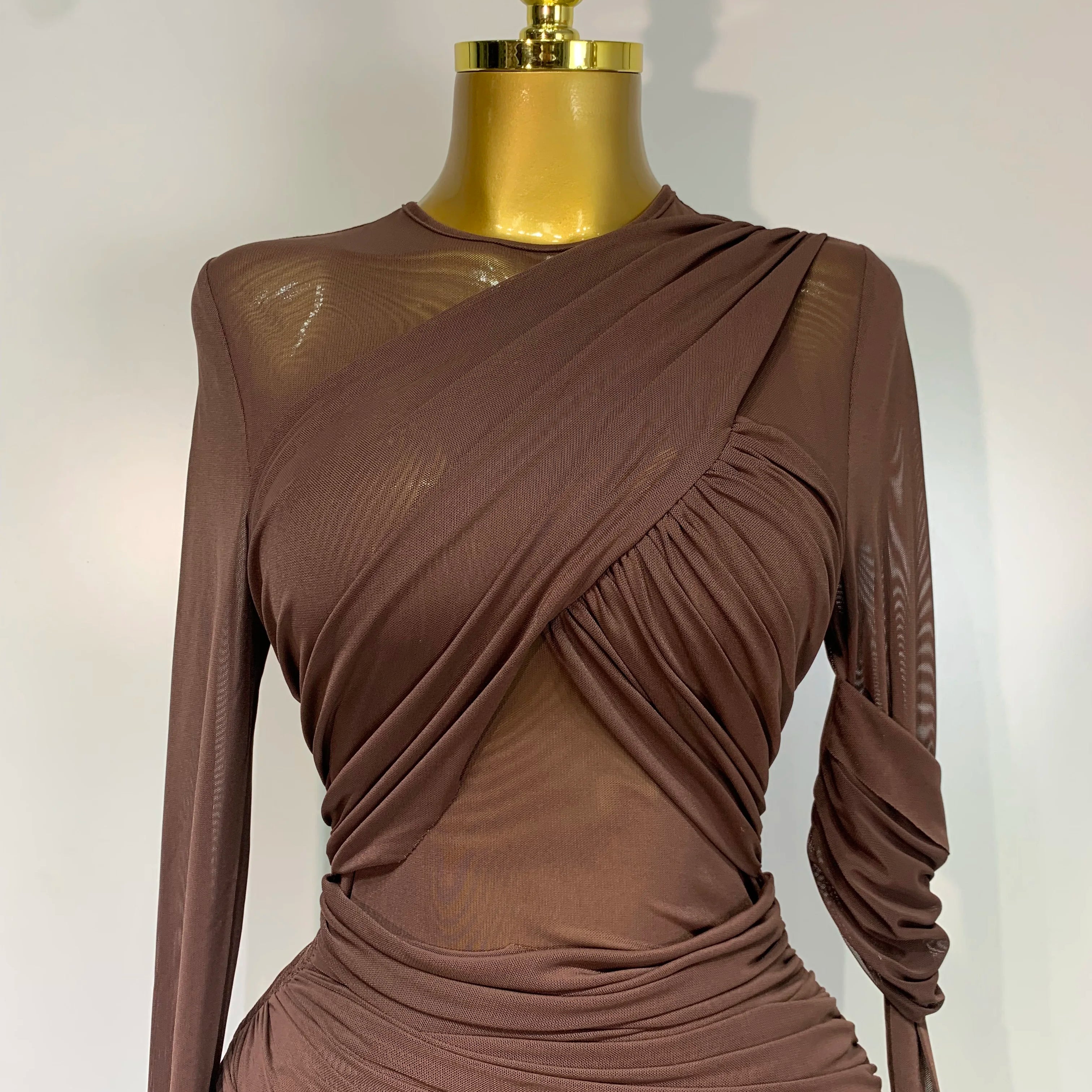 Elegant Brown Mesh Fold Long Sleeve Bodycon Dress Women 2025 Evening Party Club Sexy Perspective Fashion Luxury Birthday Dresses