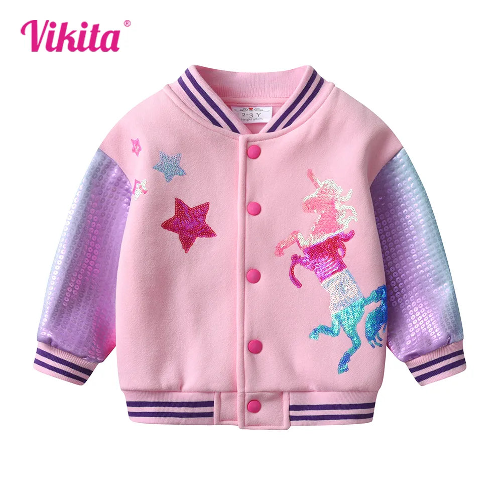 Vikita kinderen herfst winter dikke jas en jas meisjes eenhoorn lovertjes Appliqued roze outdarnen Kinderen katoen casual sportjacks