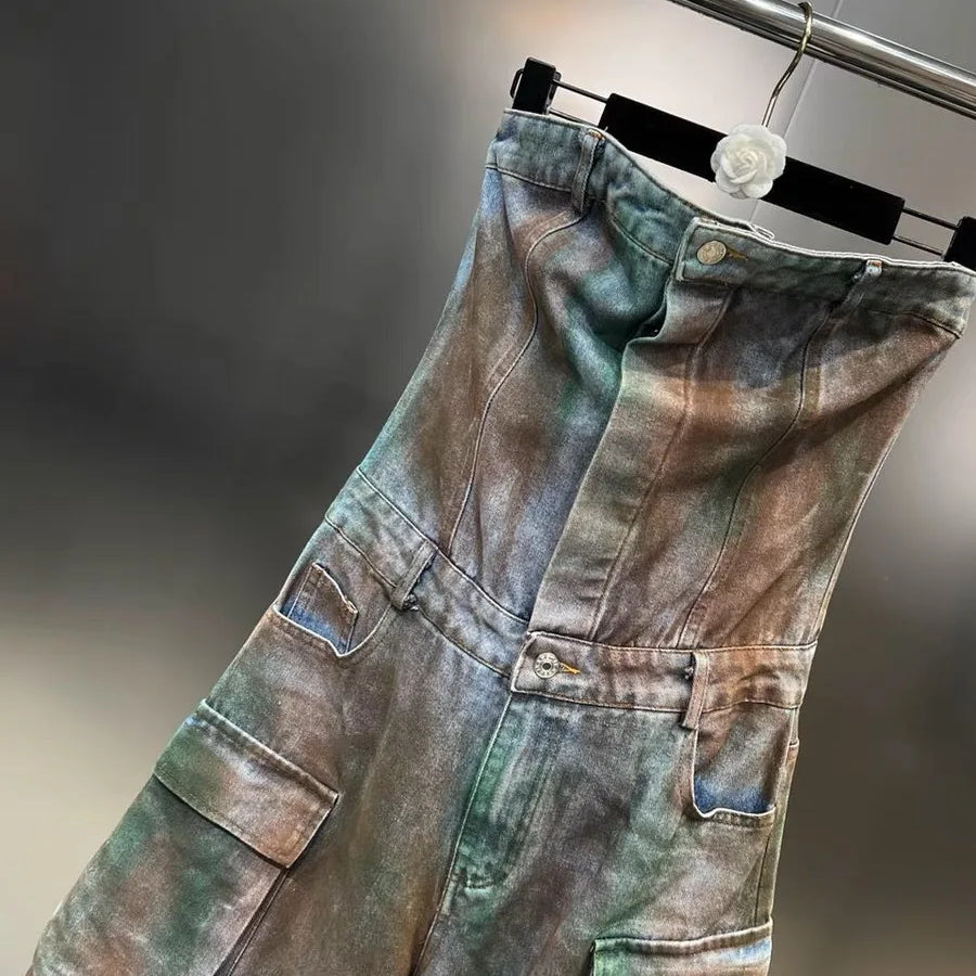 Women's Off Shoulder Jumpsuit Elastic Waist Stretchy Camouflage Cargo Loose Wide Leg Overall Rompers