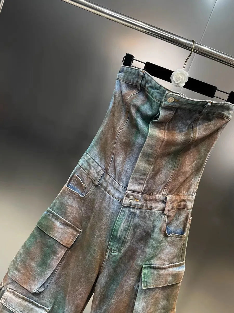 Women's Off Shoulder Jumpsuit Elastic Waist Stretchy Camouflage Cargo Loose Wide Leg Overall Rompers