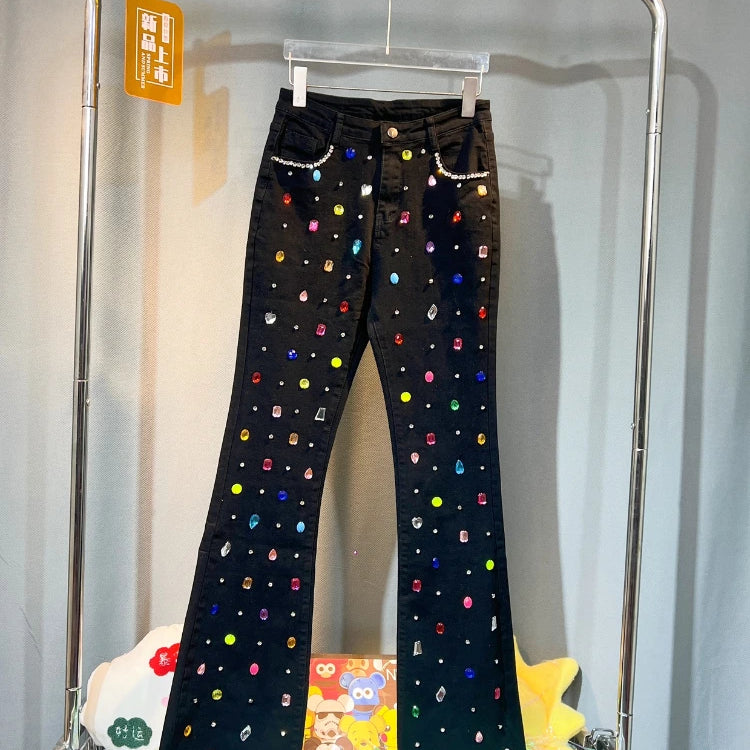 Exquisite Rhinestone Beaded Black Bell-Bottom Pants Women's Autumn Winter Jeans High Waist All-Matching Denim Blue Pants