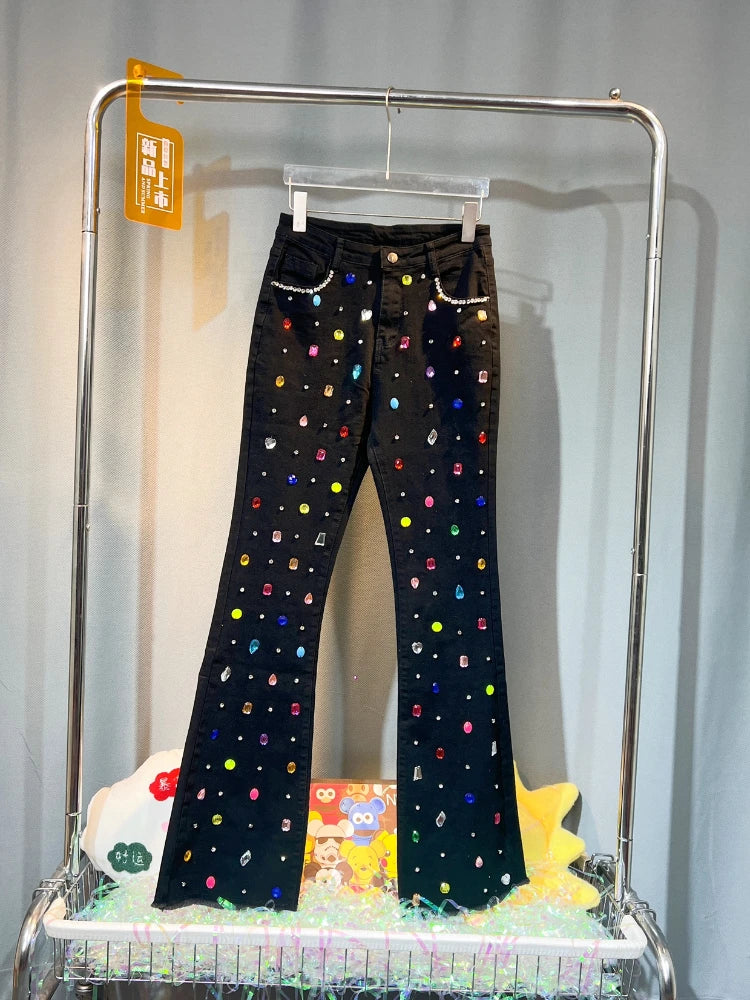 Exquisite Rhinestone Beaded Black Bell-Bottom Pants Women's Autumn Winter Jeans High Waist All-Matching Denim Blue Pants
