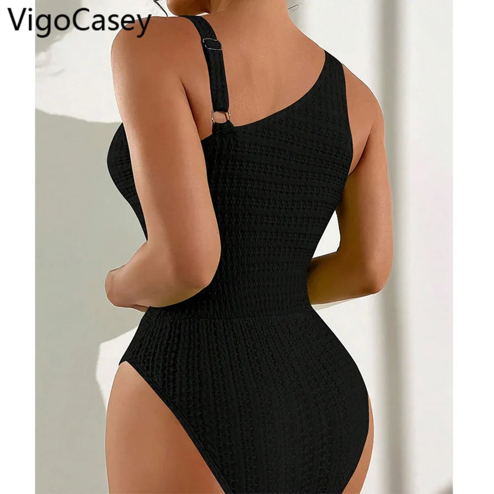 VigoCasey Solid Ring Patchwork Swimwear Women Sexy Hollow Push UP One Piece Swimsuit Monokini Summer Beach Bathing Suit
