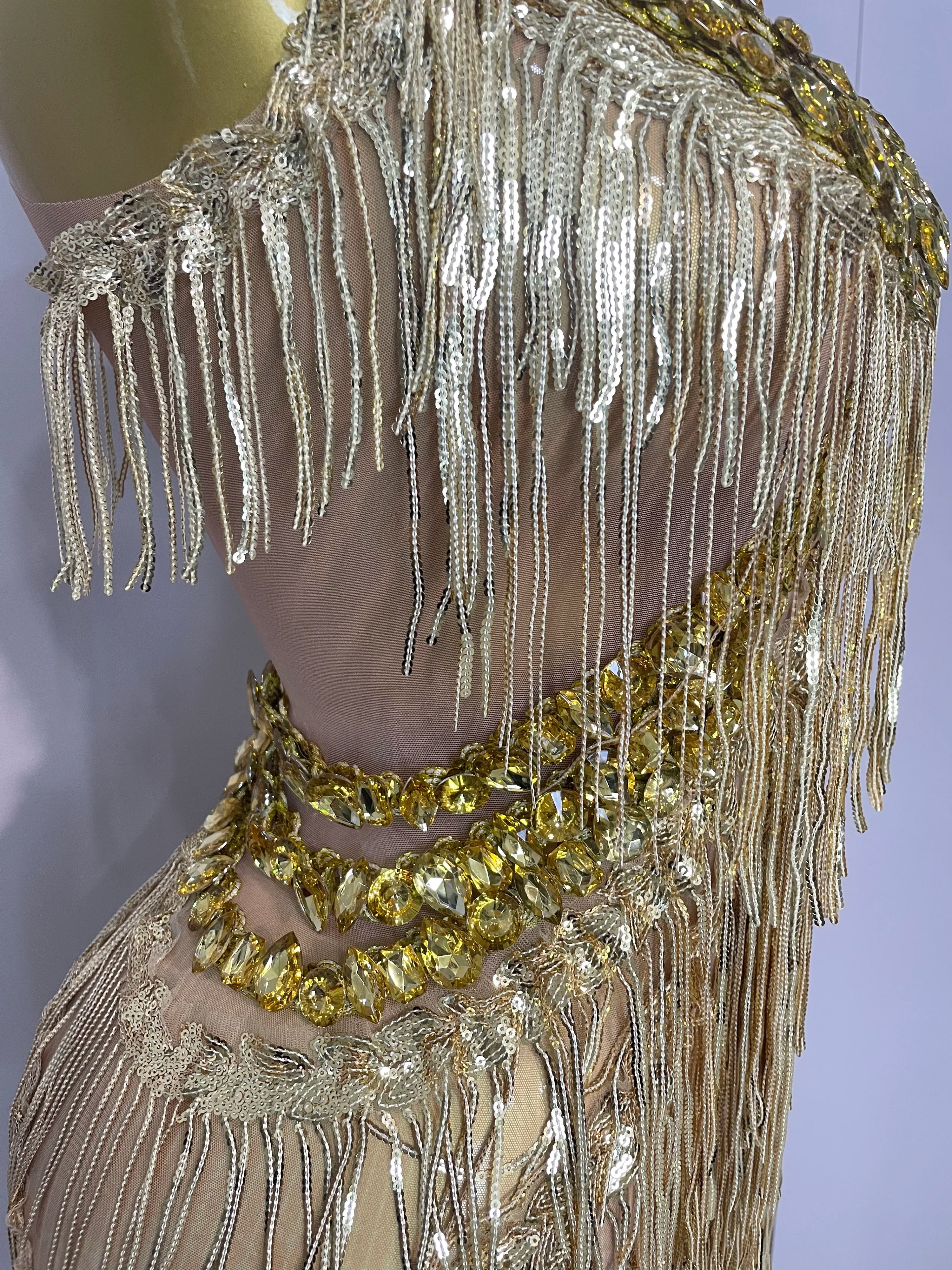 Shiny Gold Rhinestones Sequined Fringe Wide-leg jumpsuit 2025 Women Sexy Night Party Club Outfit Singer Stage Perform Costume