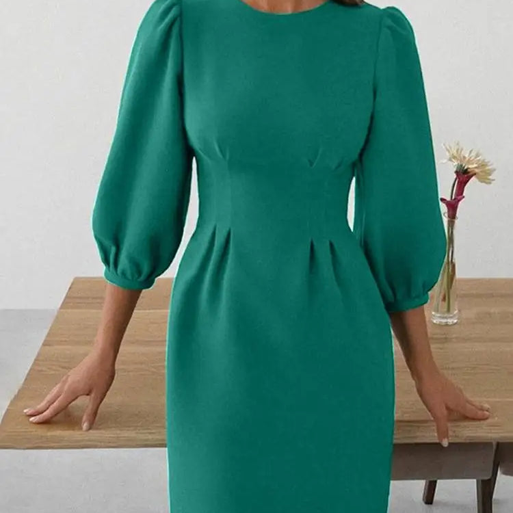 Solid Women Autumn Dress Lantern Sleeve Knee-length Female Vestidos Elegant Evening Robe Fashion Party Sexy Sundress
