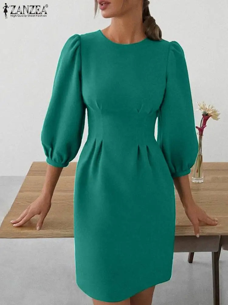 Solid Women Autumn Dress Lantern Sleeve Knee-length Female Vestidos Elegant Evening Robe Fashion Party Sexy Sundress