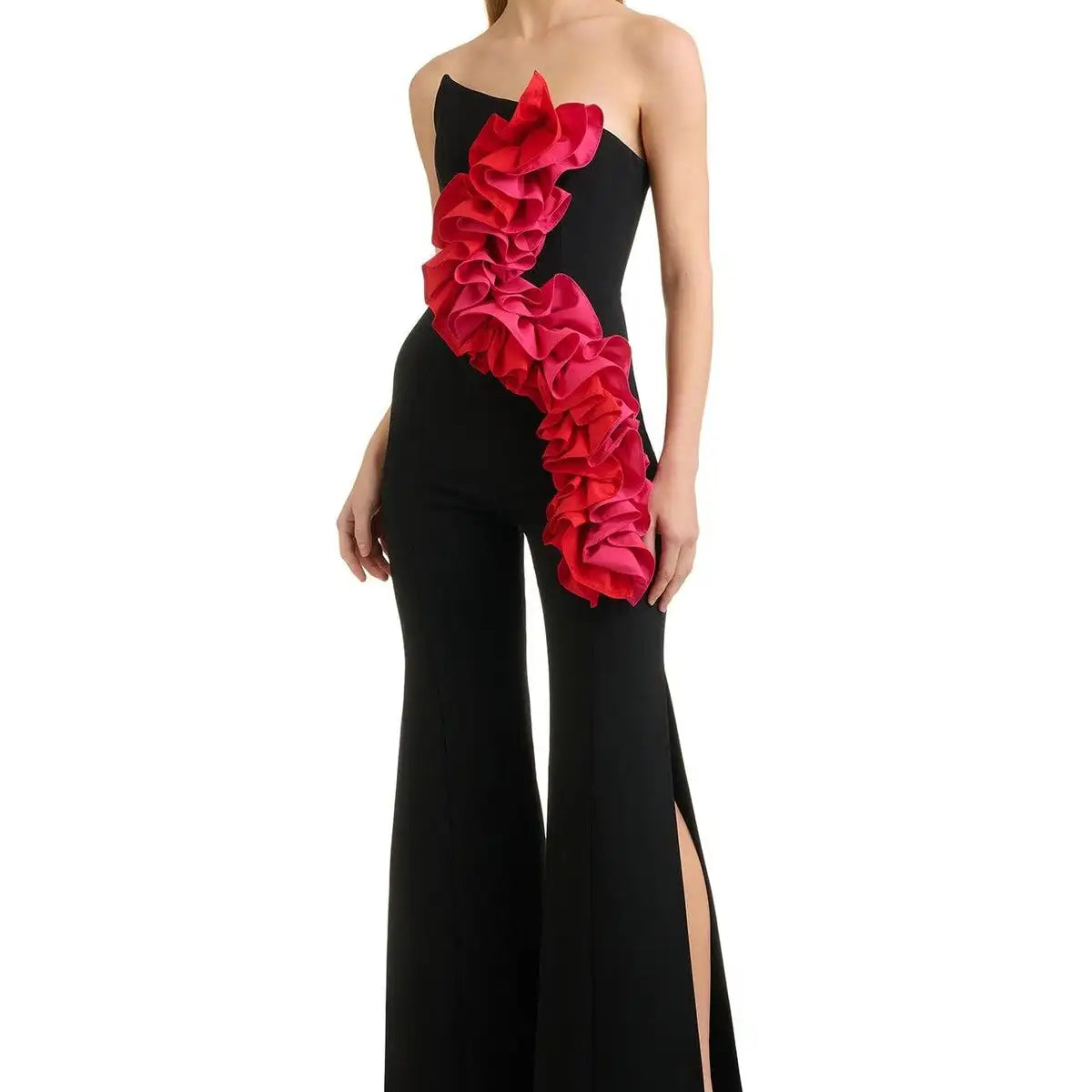 Top Black Women Sexy Off the Shoulder Ruffles Straight Bandage Jumpsuit Fashion Celebrate Evening Party Wear