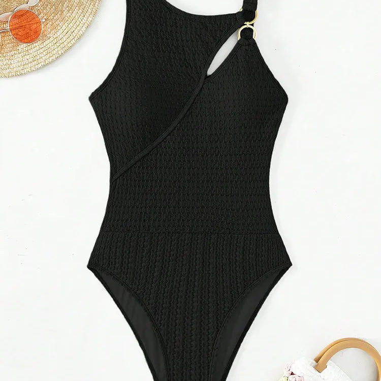 VigoCasey Solid Ring Patchwork Swimwear Women Sexy Hollow Push UP One Piece Swimsuit Monokini Summer Beach Bathing Suit black