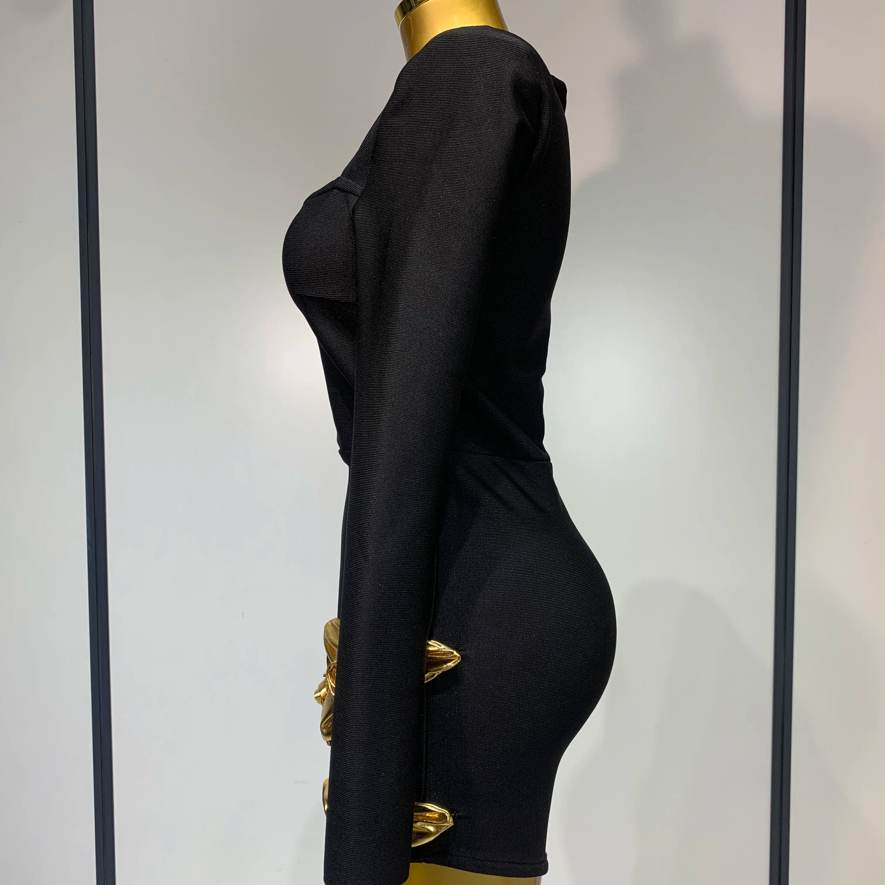 Women Long Sleeve Sexy Square Collar Gold Flower Bodycon Mini Bandage Dress Celebirty Elegant Nightclub Luxury Birthday Dresses