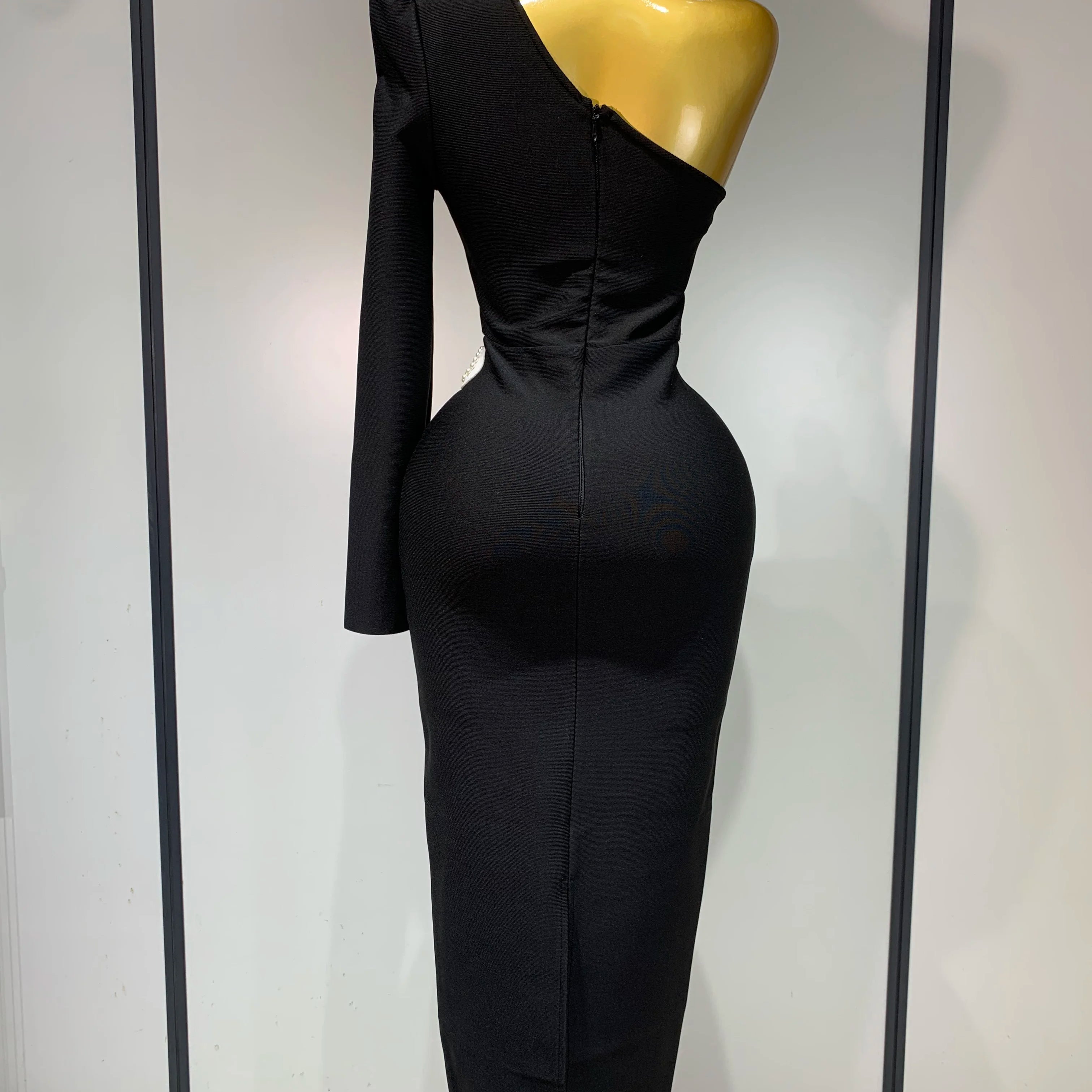 Women Elegant Luxury Black Bandage Party Dress Single Sleeve Cut Out White Pearl Embroidery Flower Midi Long Evening Prom Gowns