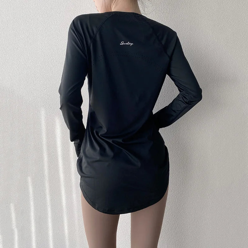 Xlwsbcr Long Sleeve Tees Sport Top Women Shirts Cover Hip Gym Shirt Fitness Fitted Tops Quick Dry Blouses Running Pilates Wear CX407 black