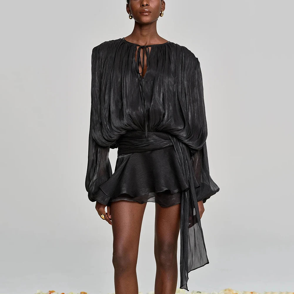 TWOTWINSTYLE Solid Loose Spliced Lace Up Elegant Dresses for Women Round Neck Long Sleeves Patchwork Folds Dress Female Style