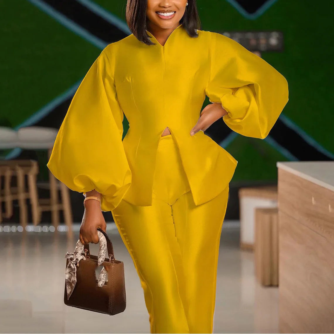 2 Pieces Pants Sets Womens Outfits Satin Solid Blouse Full Sleeve Pullovers & Long Trousers Elegant Office Work Wear Pants Sets Yellow Sets