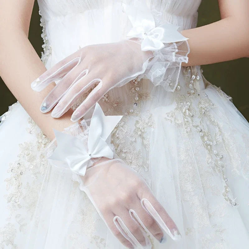 Bridal Wedding Dress Lace Gloves Wedding Open Finger Gloves White Lace Medium Length Slim Wedding Gloves Simple Silver