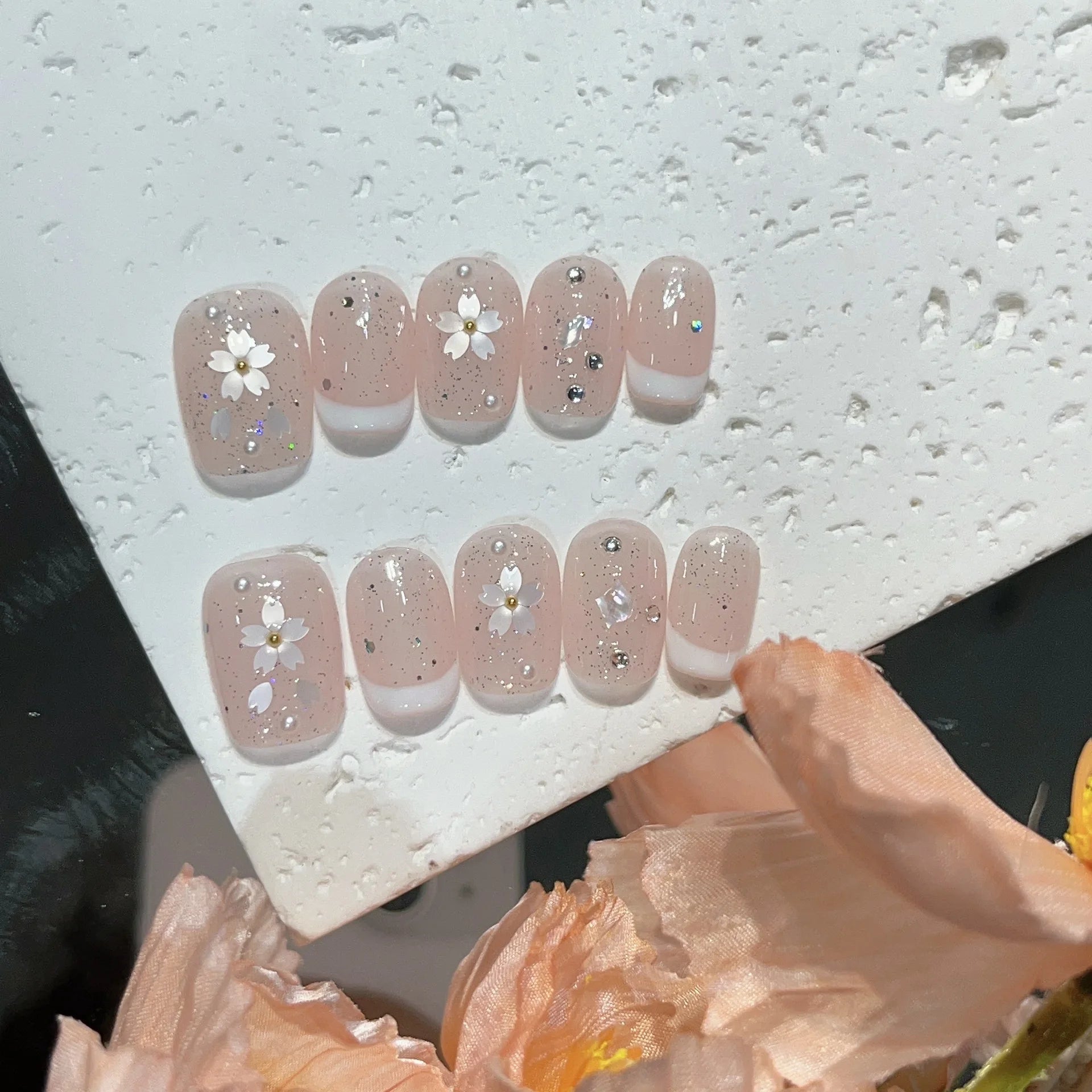 10Pcs Sakura Ballet Handmade Press on Nails Glitter French Full Cover Acrylic Nail Short Pink Sweet Girl False Nail Manicure Tip