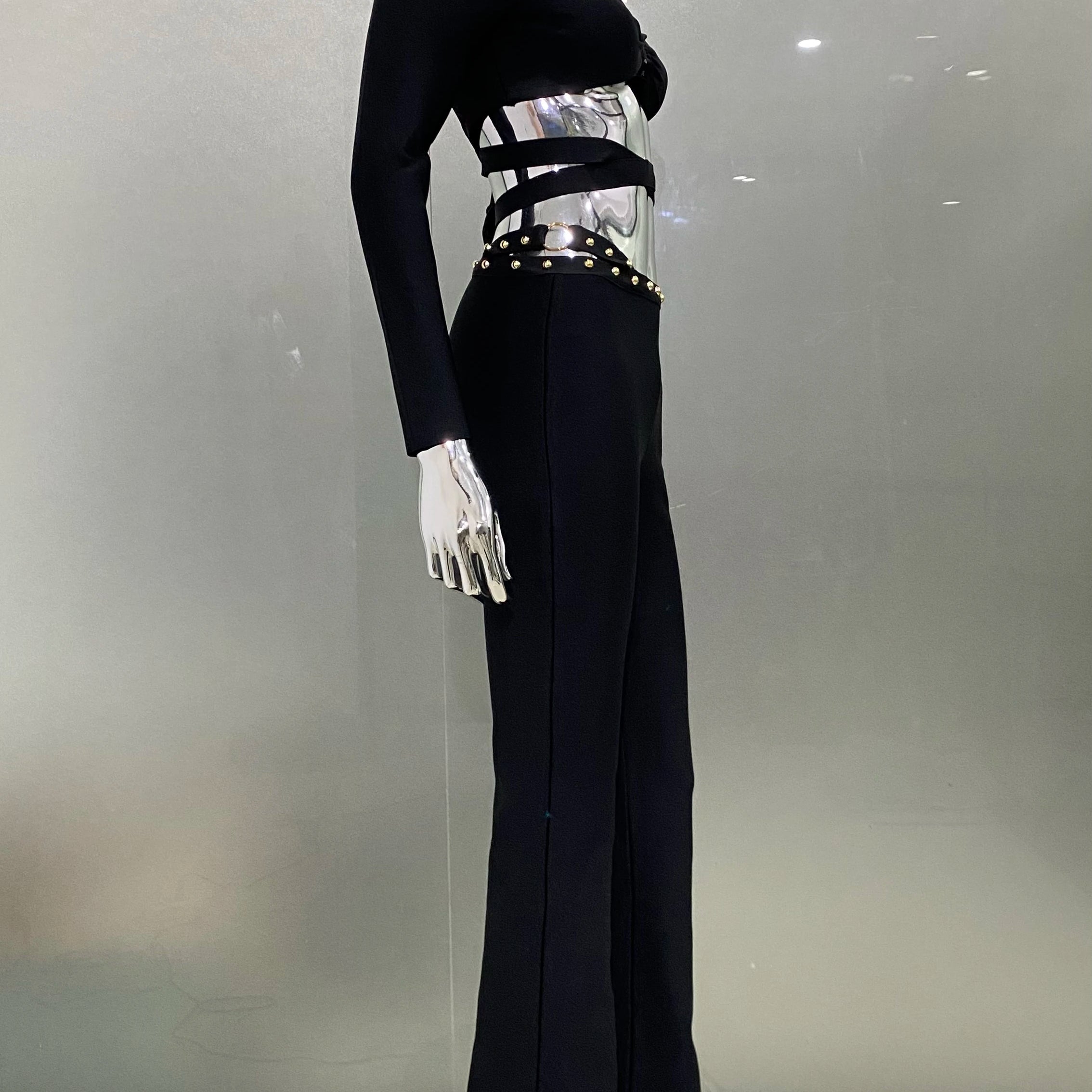 Stylish Res Bandage Woman Set Diamond Chains Backless Halter Cropped top And Waist Chain Flare Pants 2 Pieces Club Party Outfit